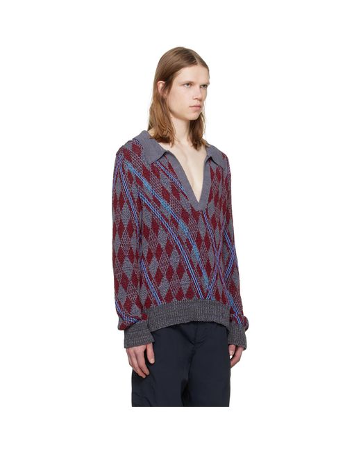 Dries Van Noten Purple Burgundy Argyle Polo for men