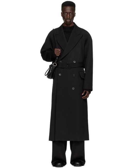 Dries Van Noten Black Peaked Lapel Trench Coat for men
