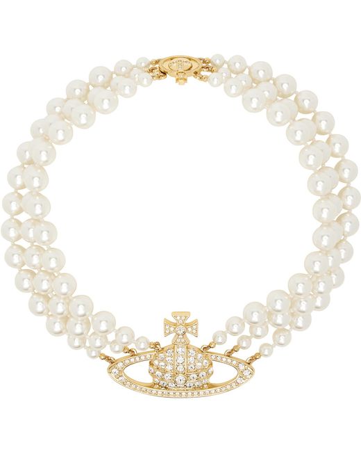 Vivienne Westwood Metallic Three Row Faux-Pearl Bas Relief Necklace