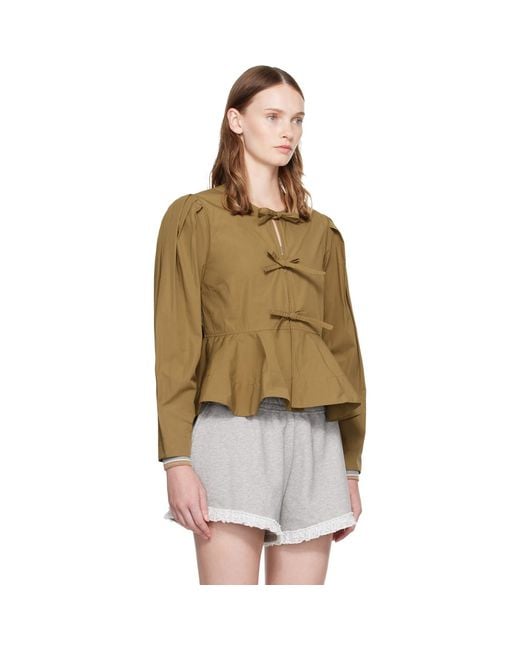 Ganni Brown Khaki Compact Poplin Long Sleeve Peplum Blouse