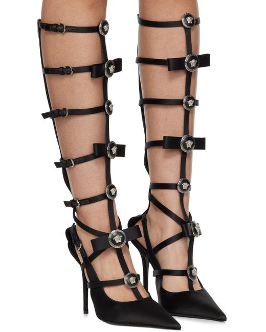 Versace Black Gianni Ribbon Satin Cage Heels