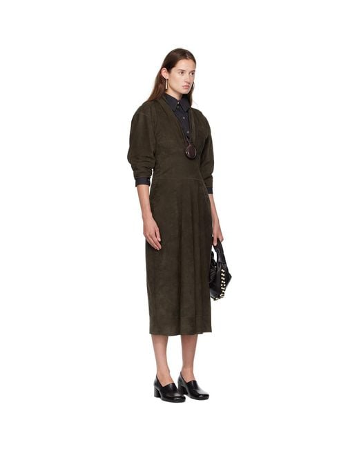 Lemaire Black Khaki V-Neck Nubuck Midi Dress