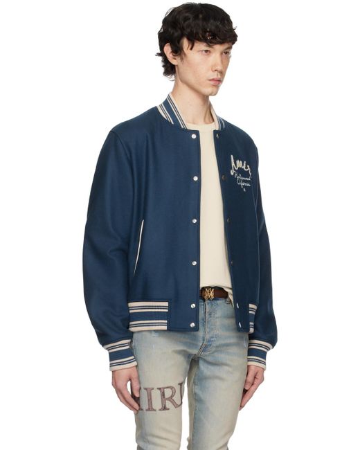 Amiri Blue Wool-Blend Melton Chenille Logo Bomber for men