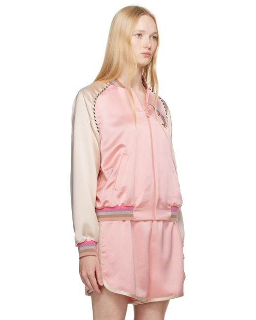 Anna Sui Pink Satin Embroidered Souvenir Bomber Jacket