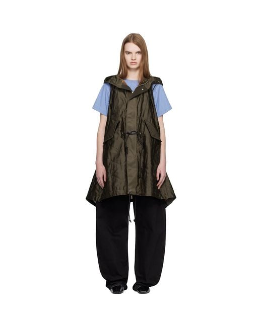 Sacai Black Khaki Quilted Satin Hooded Vest