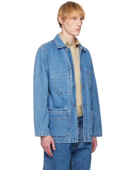 Drake's Blue Bleach Selvedge Denim Chore Jacket for men