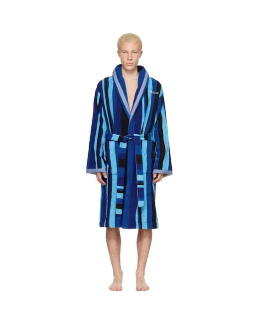 Versace Blue Striped Cotton-terry Jacquard Bathrobe for men