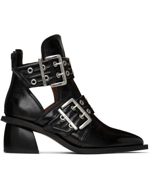 Ganni Black Double-Buckle Cut-Out Ankle Boots