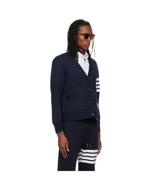 Thom Browne Blue Loopback 4-Bar Boat Embroidery Cardigan for men