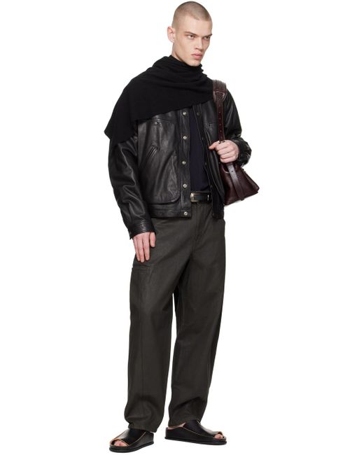 Lemaire Black Stand Collar Leather Jacket for men