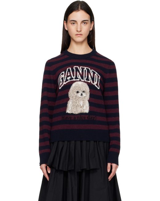 Ganni Black Burgundy Graphic Wool Mix Poodle Stripe Sweater