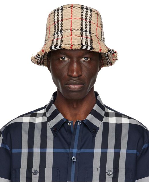 Burberry Blue Beige Check Bucket Hat for men