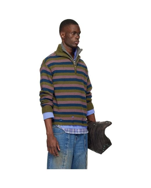 ANDERSSON BELL Black Double Layered Stripe Half Zip-Up Sweater for men