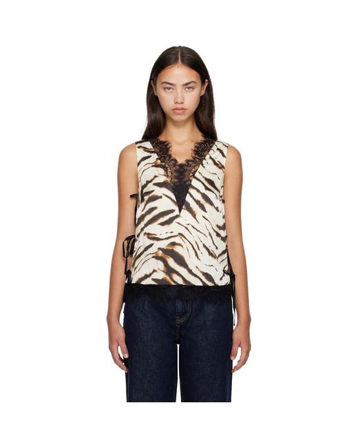 Ganni White Off- & Printed Satin Top