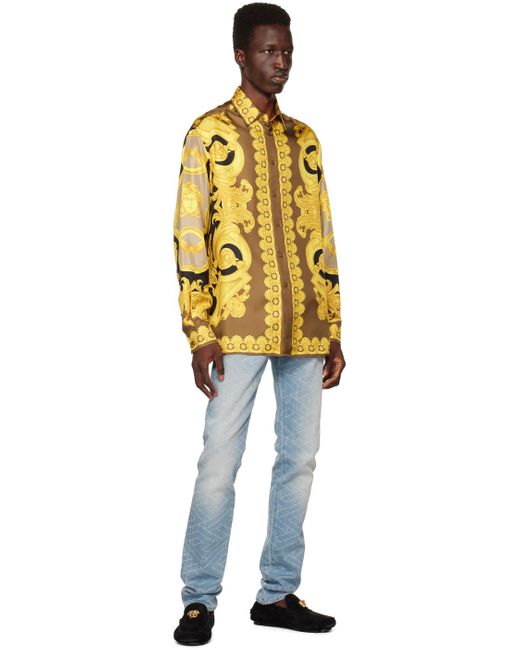 Versace Yellow Baroque-pattern Print Shirt for men
