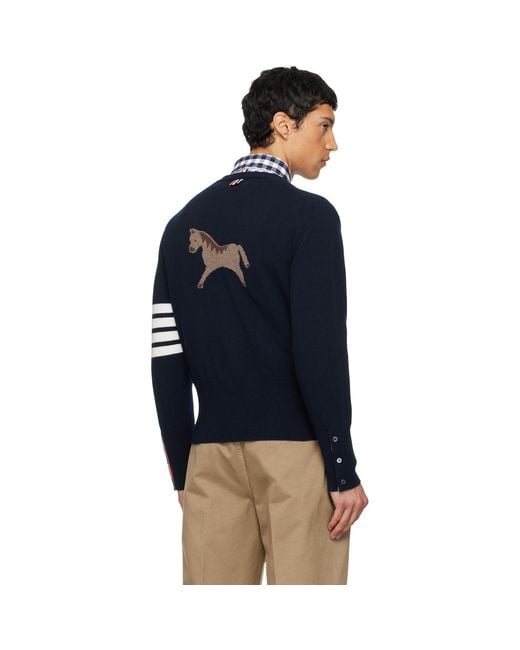 Thom Browne Blue Intarsia Horse Merino Wool 4-Bar Cardigan for men