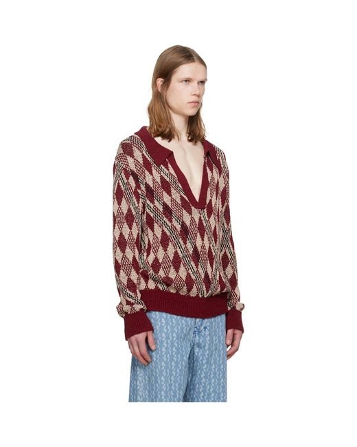 Dries Van Noten Red Burgundy Argyle Polo for men