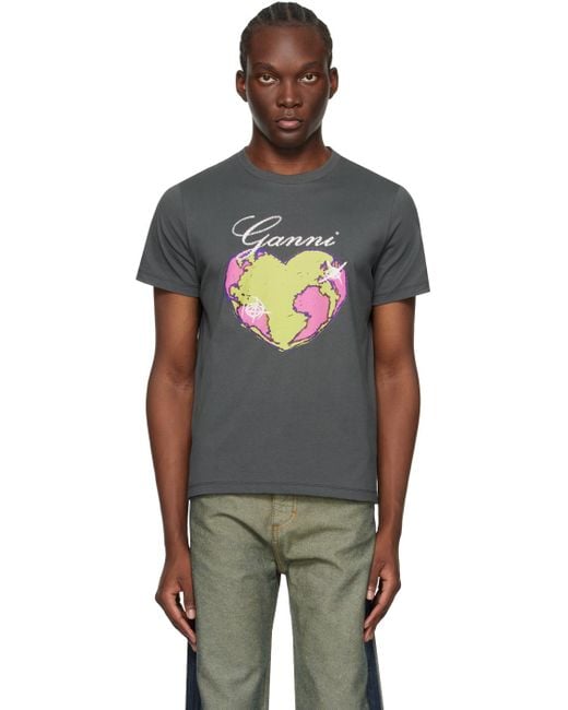 Ganni Black Gray Relaxed Heart T-shirt for men