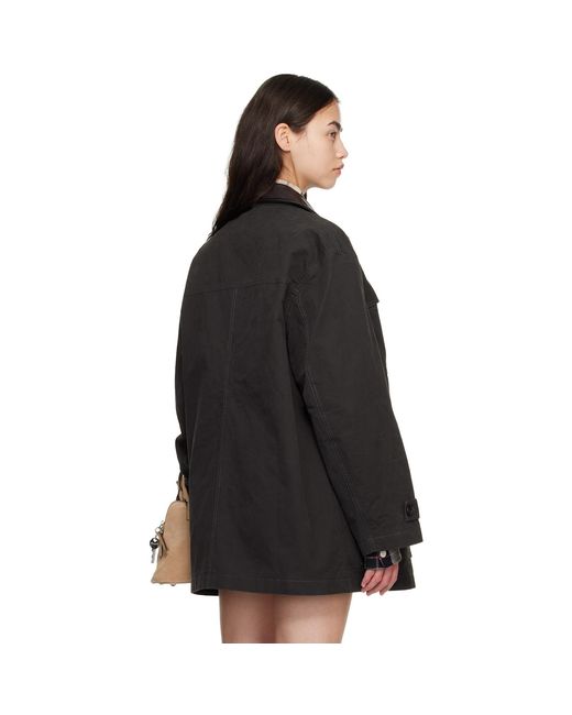 C+plus Series Black Leather-Collar Multi-Pockets Distressed Jacket