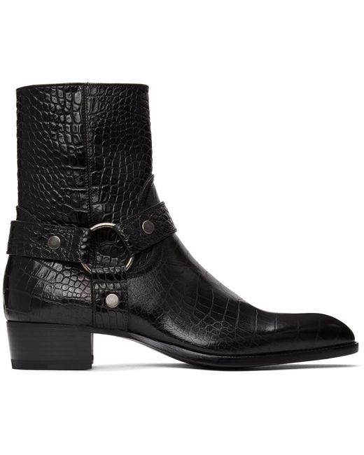 Saint Laurent Black Croc Wyatt Harness Boots for men