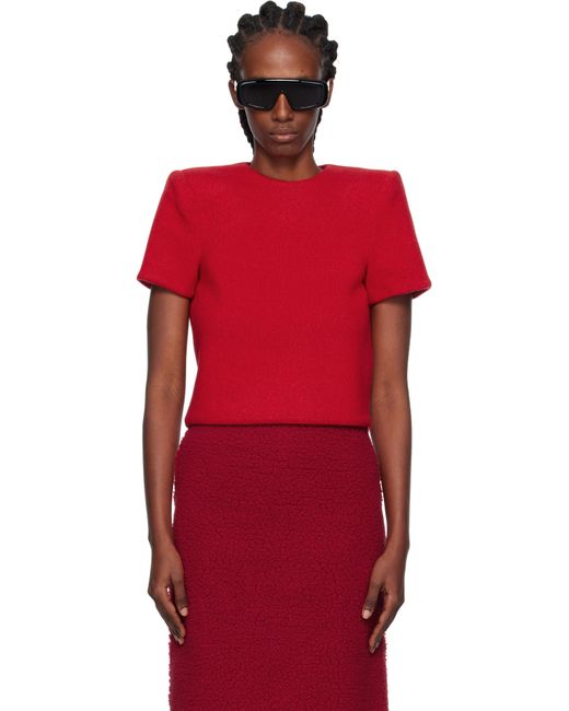 Pushbutton Red Curvy Shoulder Knitted T-shirt