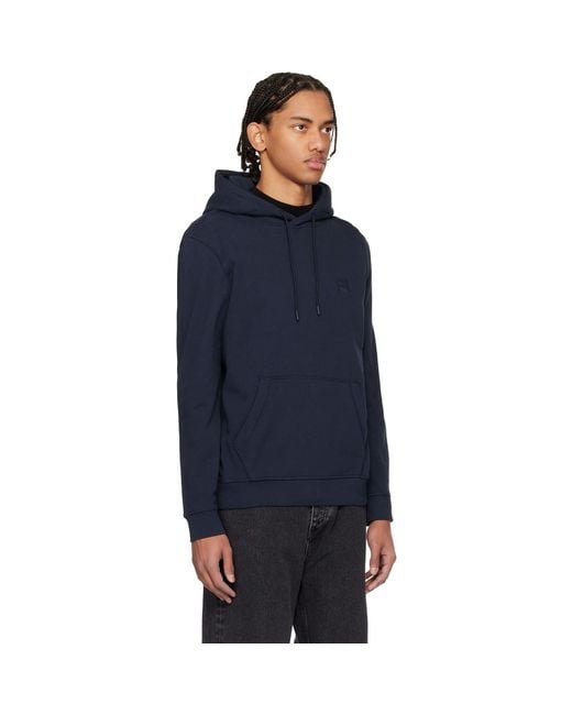 Boss Blue Cotton Terry Logo-Patch Hoodie for men