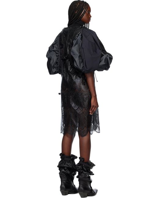 Junya Watanabe Black Polyester Scalloped Lace X Nylon Rip-Stop Midi Dress