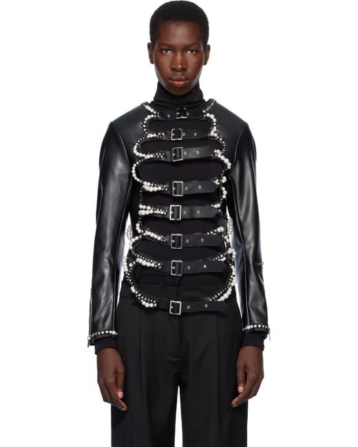 Noir Kei Ninomiya ブラック フェイクパール エンベリッシュ フェイクレザー ジャケット Black