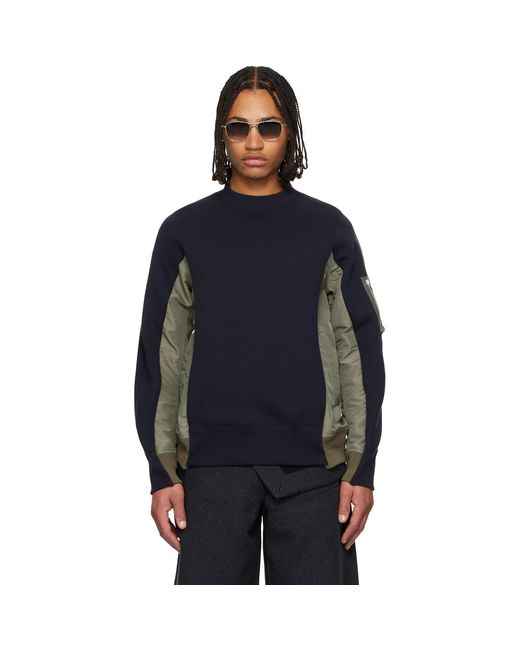 Sacai Blue Khaki Sponge Sweat & Nylon Twill Sweatshirt for men