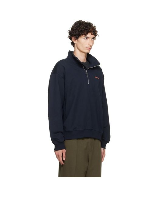 Helmut Lang Blue Logo Quarter Zip Sweatshirt for men