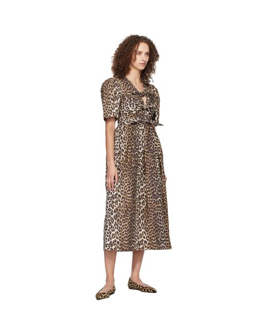 Ganni Black Leopard Printed Cotton Midi Dress