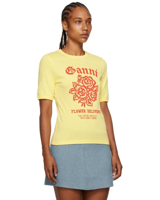 Ganni Yellow Graphic-print Organic Cotton T-shirt