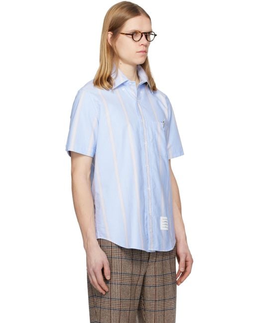 Thom Browne Blue Thom E Straight Fit School Stripe Short Sleeve Shirt for men
