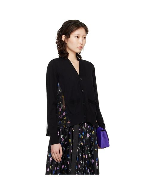 Sacai Black Floral Print Cotton Knit Cardigan