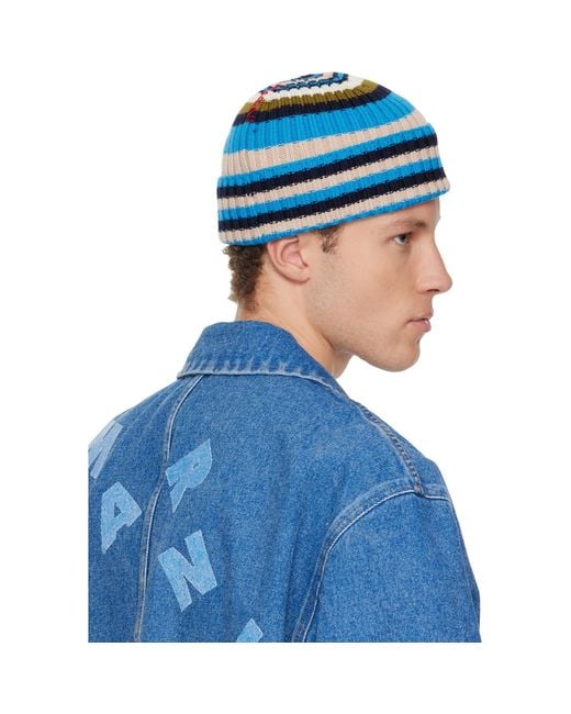 Marni Blue Striped Ribbed Beanie for men