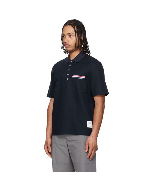 Thom Browne Black Short Sleeve Pocket Polo Rwb Embroidery Polo for men