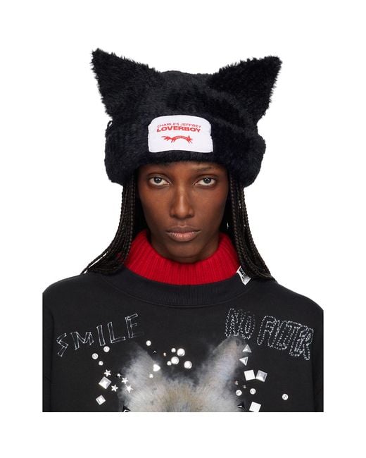Charles Jeffrey Black Fluffy Chunky Ears Beanie