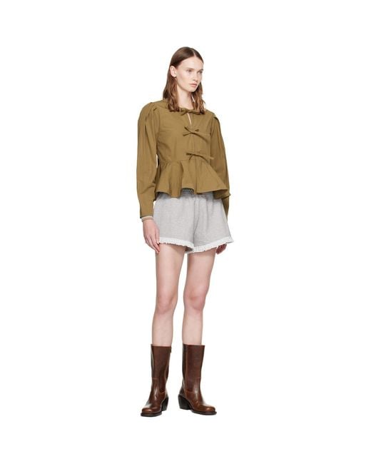 Ganni Brown Khaki Compact Poplin Long Sleeve Peplum Blouse