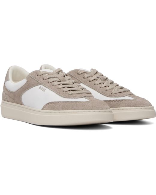 Boss White Taupe Suede Trims Lace-Up Sneakers for men