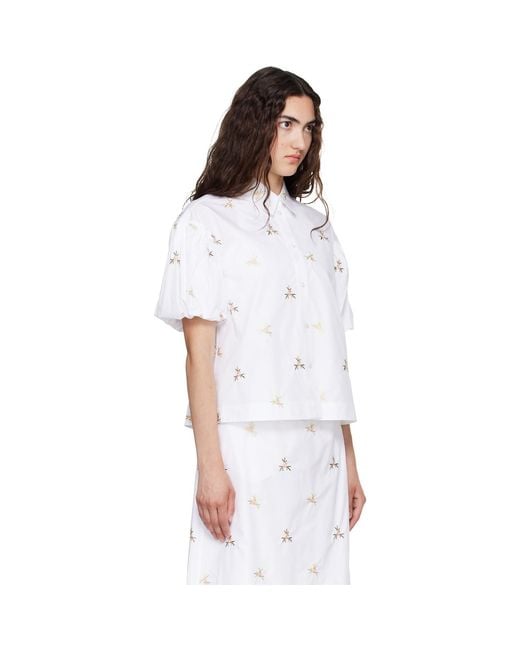 Simone Rocha White Cropped Rosebud Puff Sleeve Lace Trim Shirt