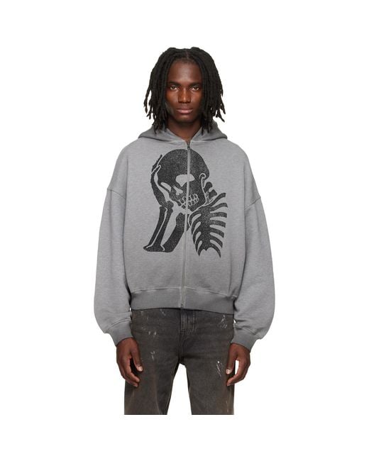 Palm Angels Gray Skull Zipped Loose Hoodie for men