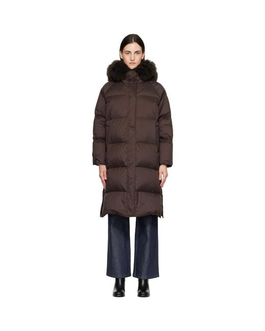 Yves Salomon Brown Waterproof Technical Lambswool Trim Long Down Jacket