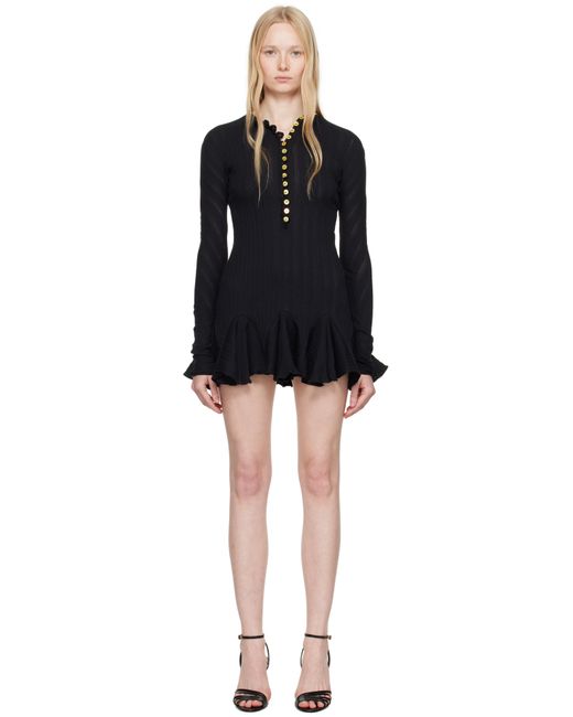 Conner Ives Black Pointelle Long Sleeve Henley Minidress