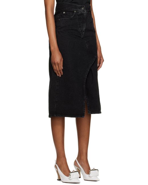 Pushbutton Black Paneled Denim Midi Skirt