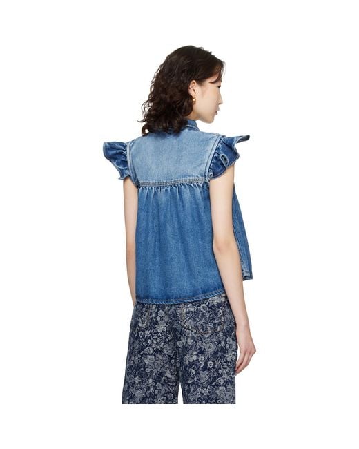Ganni Blue Denim Ruffle Top
