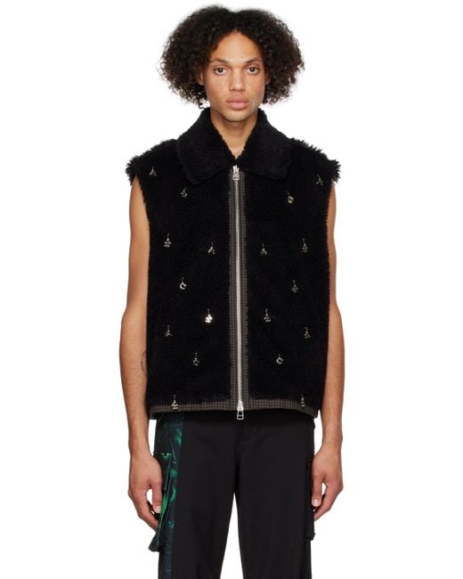 Feng Chen Wang Black Embellished Faux-Fur Vest for men