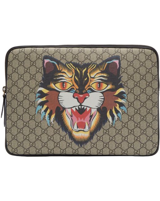 Gucci Natural Beige Gg Supreme Angry Cat Laptop Case for men