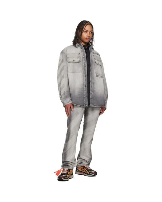 Off-White c/o Virgil Abloh Gray Diagonal Embroidered Denim Military Overshirt for men