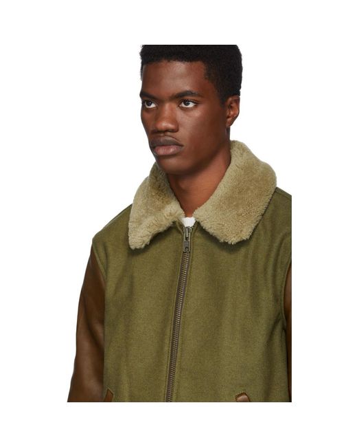 Schott Nyc Wool Khaki And Brown Leather B 15 Jacket In Olive