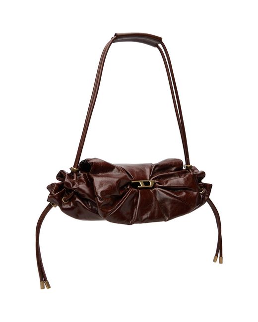 DIESEL Brown Scrunch-D-Small Shiny Leather Shoulder Bag